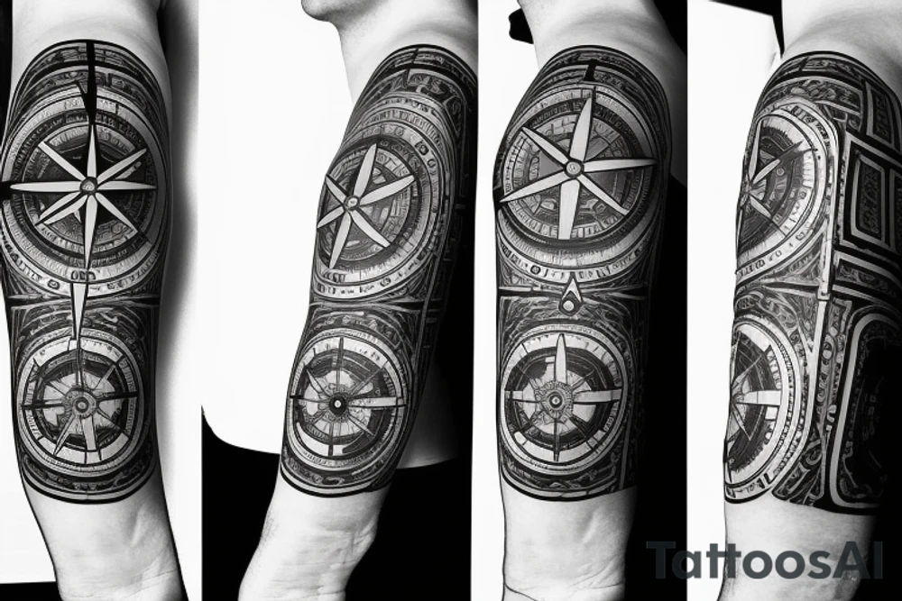 A compass plus a clock from shoulder to half form arm. Add spaces between the compass and the clock tattoo idea A compass plus a clock from shoulder to half form arm. Add spaces between the compass and the clock tattoo idea