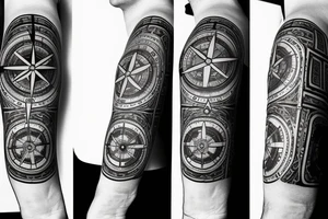 A compass plus a clock from shoulder to half form arm. Add spaces between the compass and the clock tattoo idea