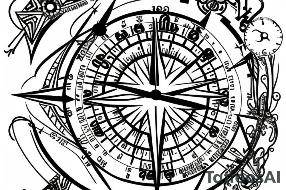 A compass plus a clock from shoulder to half form arm. Add spaces between the compass and the clock. tattoo idea