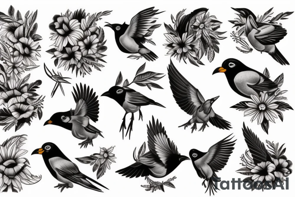 Mynah bird and flower on chest tattoo idea