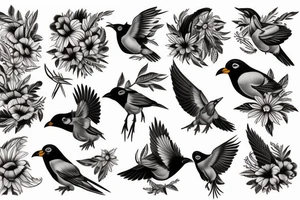 Mynah bird and flower on chest tattoo idea