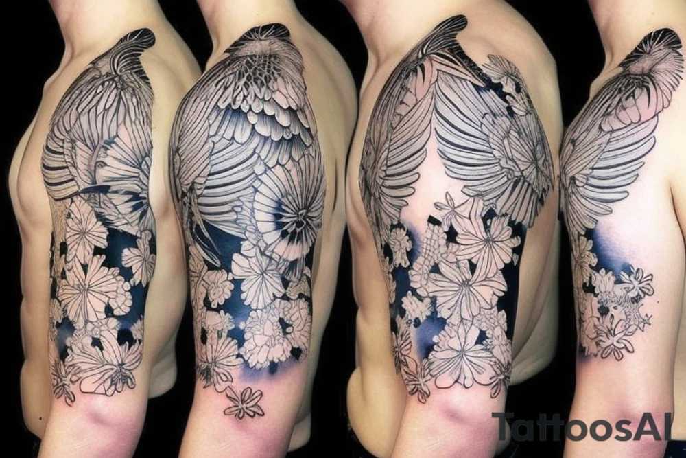Mynah bird and flower on chest tattoo idea