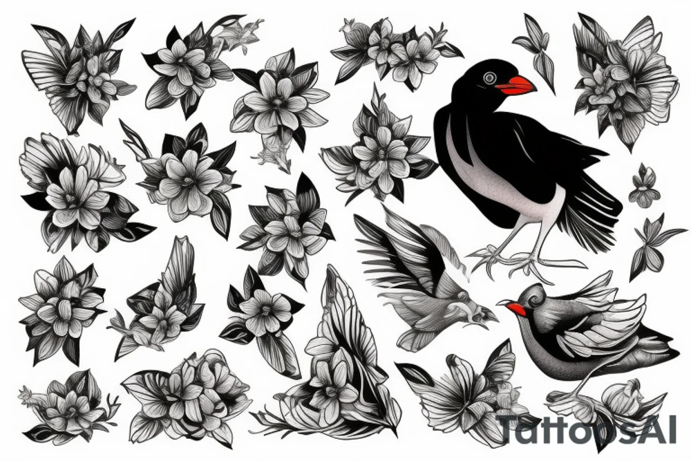 Mynah bird and flower on chest tattoo idea