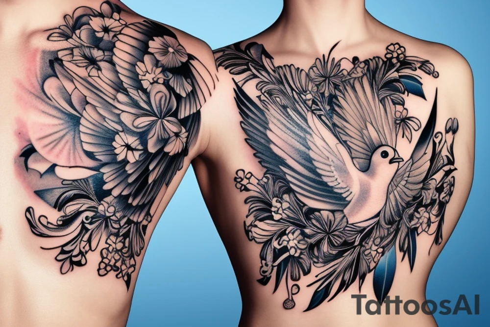 Mynah bird and flower on chest tattoo idea