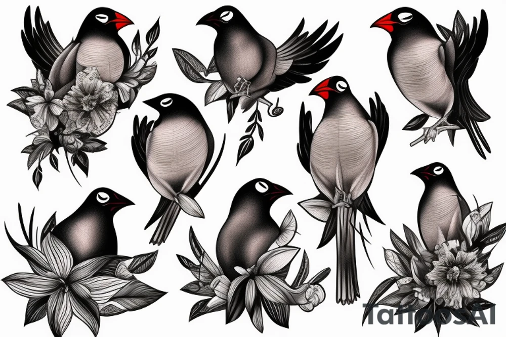 Mynah bird and flower on chest tattoo idea