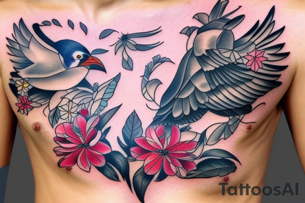 Mynah bird and flower on chest tattoo idea