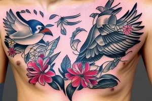 Mynah bird and flower on chest tattoo idea