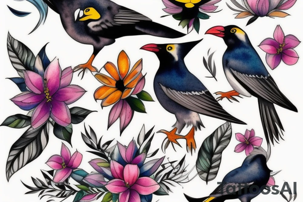 Mynah bird and flower on chest tattoo idea