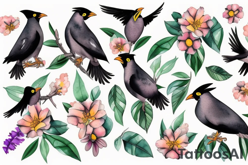 Mynah bird and flower on chest tattoo idea