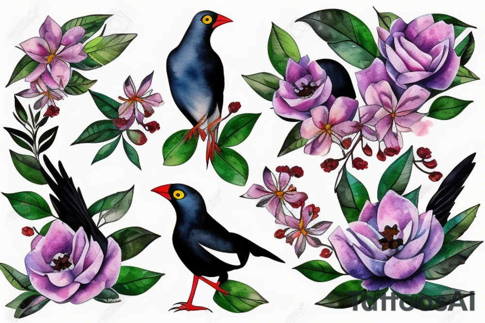 Mynah bird and flower on chest tattoo idea