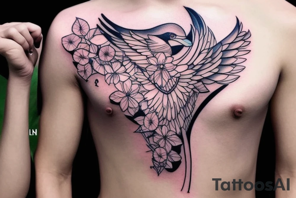 Mynah bird and flower on chest tattoo idea