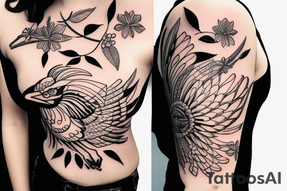 Mynah bird and flower on chest tattoo idea