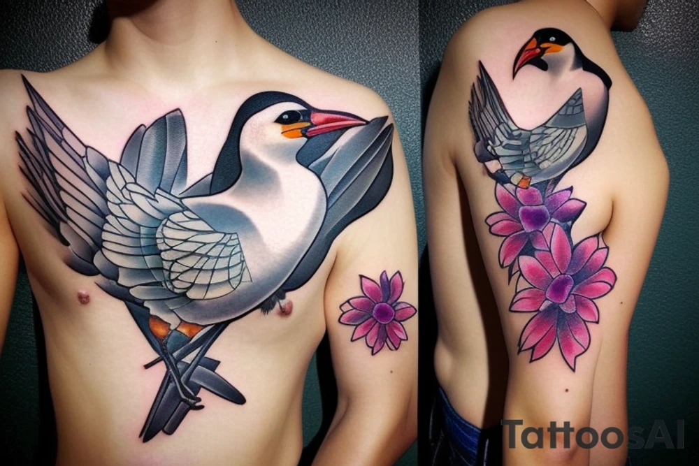 Mynah bird and flower on chest tattoo idea