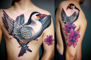 Mynah bird and flower on chest tattoo idea