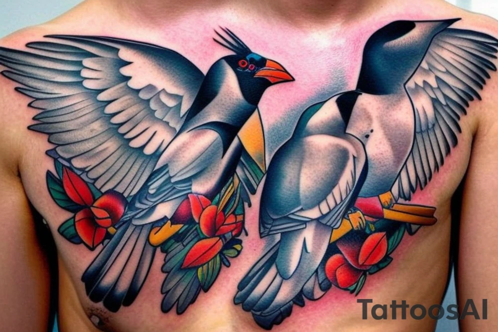 Two Mynah birds on each side of chest tattoo idea
