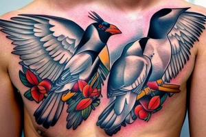 Two Mynah birds on each side of chest tattoo idea