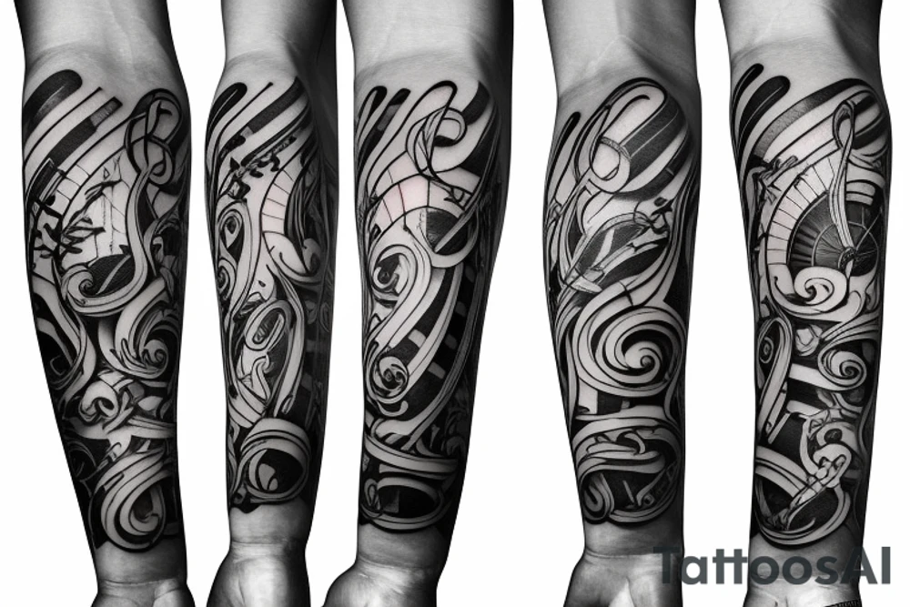Musical arm sleeve, grand piano and half arm sleeve tattoo idea