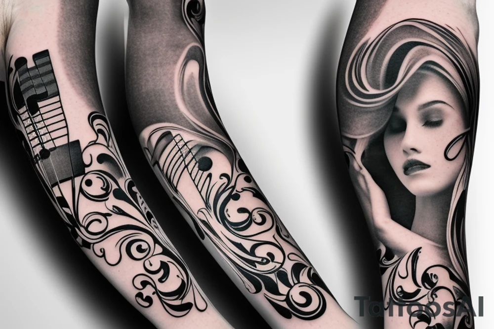 Musical arm sleeve, grand piano and half arm sleeve tattoo idea