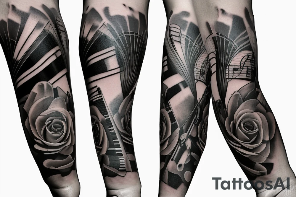 Musical arm sleeve, grand piano and half arm sleeve tattoo idea