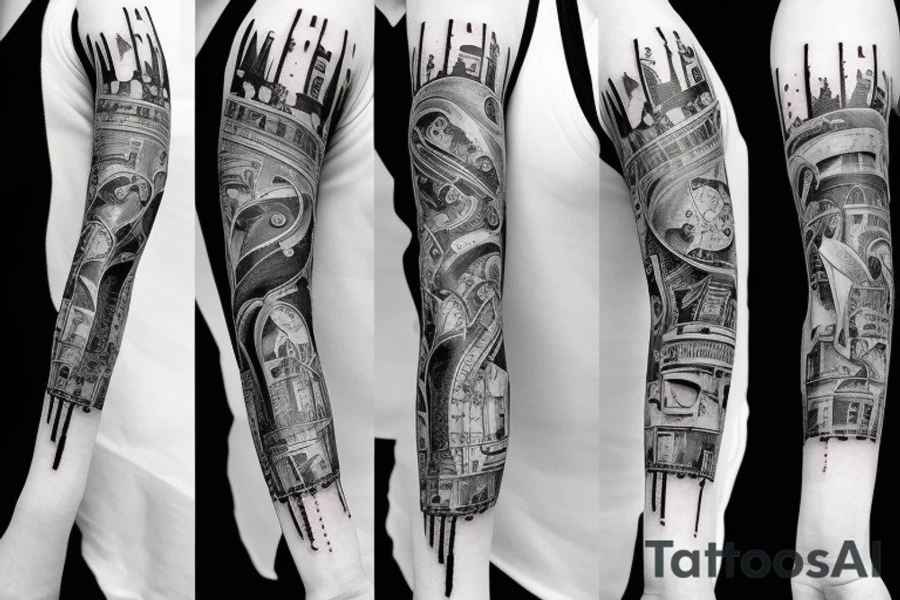 Musical arm sleeve, grand piano and half arm sleeve tattoo idea