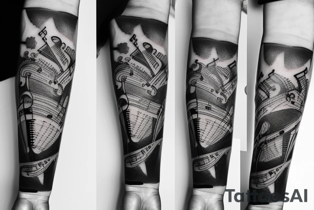 Musical arm sleeve, grand piano and half arm sleeve tattoo idea