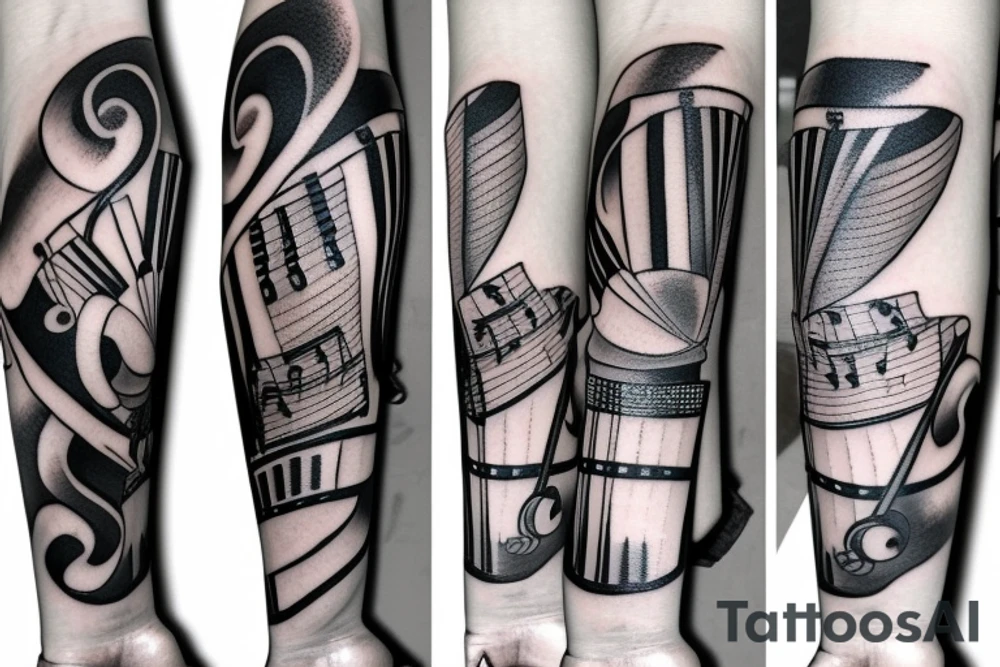 Musical arm sleeve, grand piano and half arm sleeve tattoo idea