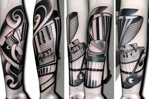 Musical arm sleeve, grand piano and half arm sleeve tattoo idea