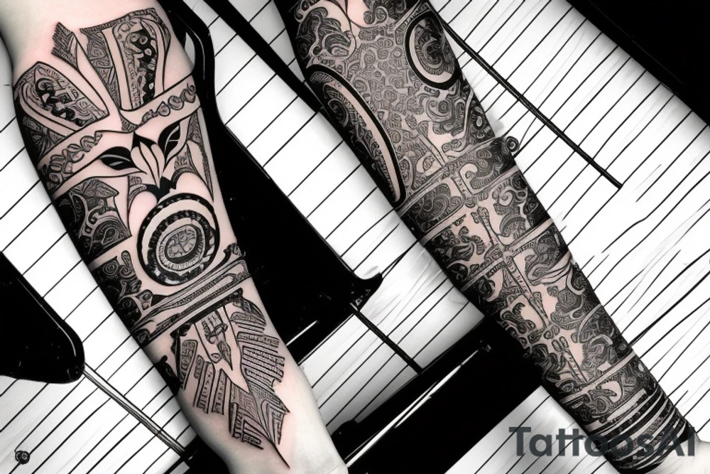 Half arm sleeve grand piano tattoo idea