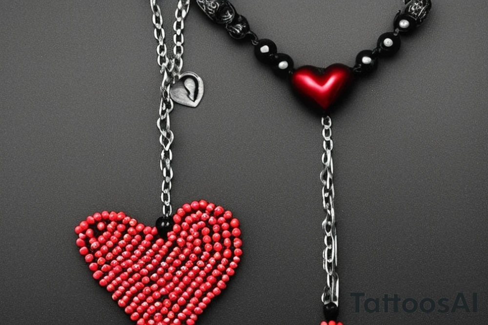 Red & Black Heart with a Ying yang sign inside and angel wings attached to the heart.                       
Hanging from the heart is a beaded chain .   
in between the chain links are dates       
8/8/95     
2/18/99
3/16/99
4/17/01
2/9/10
4/28/10
6/6/78
and at the bottom will he a jesus cross tattoo idea
