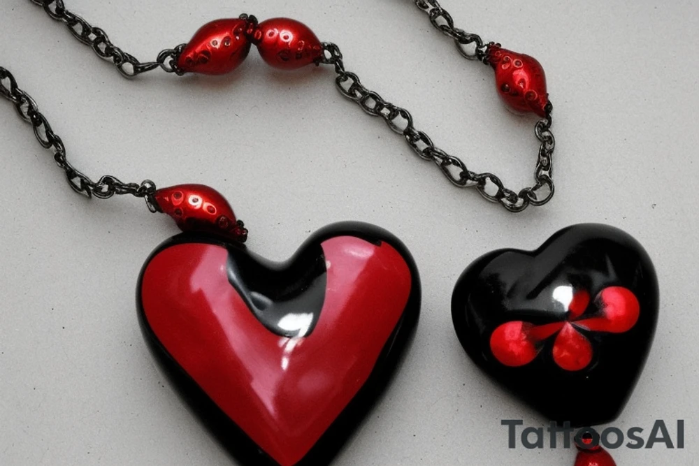 Red & Black Heart with a Ying yang sign inside and angel wings attached to the heart.                       
Hanging from the heart is a beaded chain .   
in between the chain links are dates       
8/8/95     
2/18/99
3/16/99
4/17/01
2/9/10
4/28/10
6/6/78
and at the bottom will he a jesus cross tattoo idea