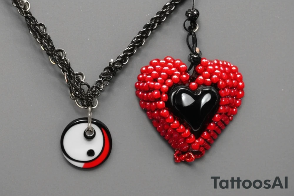 Red & Black Heart with a Ying yang sign inside and angel wings attached to the heart.                       
Hanging from the heart is a beaded chain .   
in between the chain links are dates       
8/8/95     
2/18/99
3/16/99
4/17/01
2/9/10
4/28/10
6/6/78
and at the bottom will he a jesus cross tattoo idea