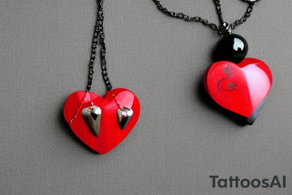 Red & Black Heart with a Ying yang sign inside and angel wings attached to the heart.                       
Hanging from the heart is a beaded chain .   
in between the chain links are dates       
8/8/95     
2/18/99
3/16/99
4/17/01
2/9/10
4/28/10
6/6/78
and at the bottom will he a jesus cross tattoo idea
