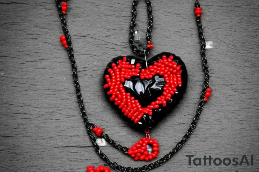 Red & Black Heart with a Ying yang sign inside and angel wings attached to the heart.                       
Hanging from the heart is a beaded chain .   
in between the chain links are dates       
8/8/95     
2/18/99
3/16/99
4/17/01
2/9/10
4/28/10
6/6/78
and at the bottom will he a jesus cross tattoo idea