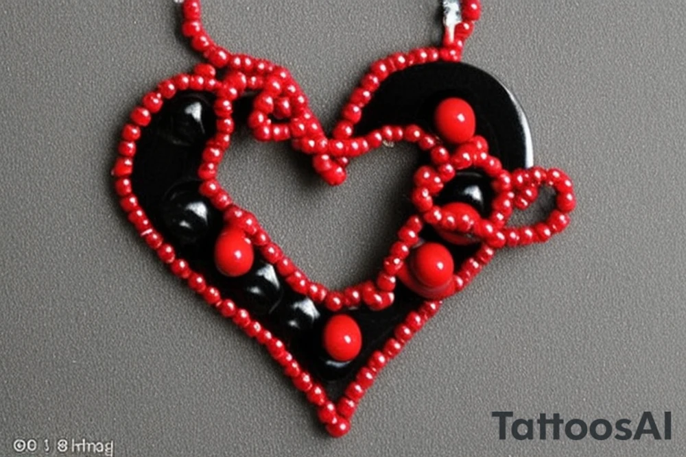 Red & Black Heart with a Ying yang sign inside and angel wings attached to the heart.                       
Hanging from the heart is a beaded chain .   
in between the chain links are dates       
8/8/95     
2/18/99
3/16/99
4/17/01
2/9/10
4/28/10
6/6/78
and at the bottom will he a jesus cross tattoo idea