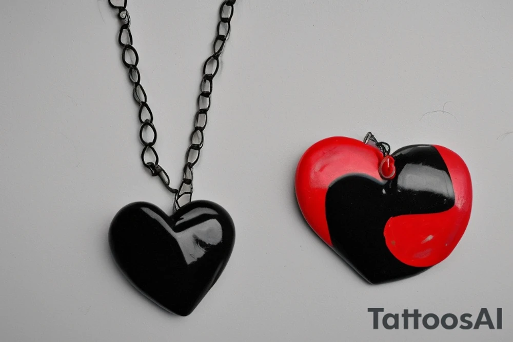 Red & Black Heart with a Ying yang sign inside and angel wings attached to the heart.                       
Hanging from the heart is a beaded chain .   
in between the chain links are dates       
8/8/95     
2/18/99
3/16/99
4/17/01
2/9/10
4/28/10
6/6/78
and at the bottom will he a jesus cross tattoo idea