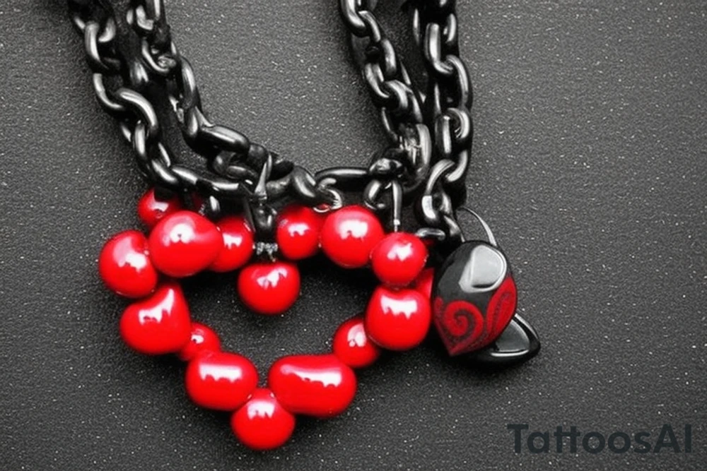 Red & Black Heart with a Ying yang sign inside and angel wings attached to the heart.                       
Hanging from the heart is a beaded chain .   
in between the chain links are dates       
8/8/95     
2/18/99
3/16/99
4/17/01
2/9/10
4/28/10
6/6/78
and at the bottom will he a jesus cross tattoo idea