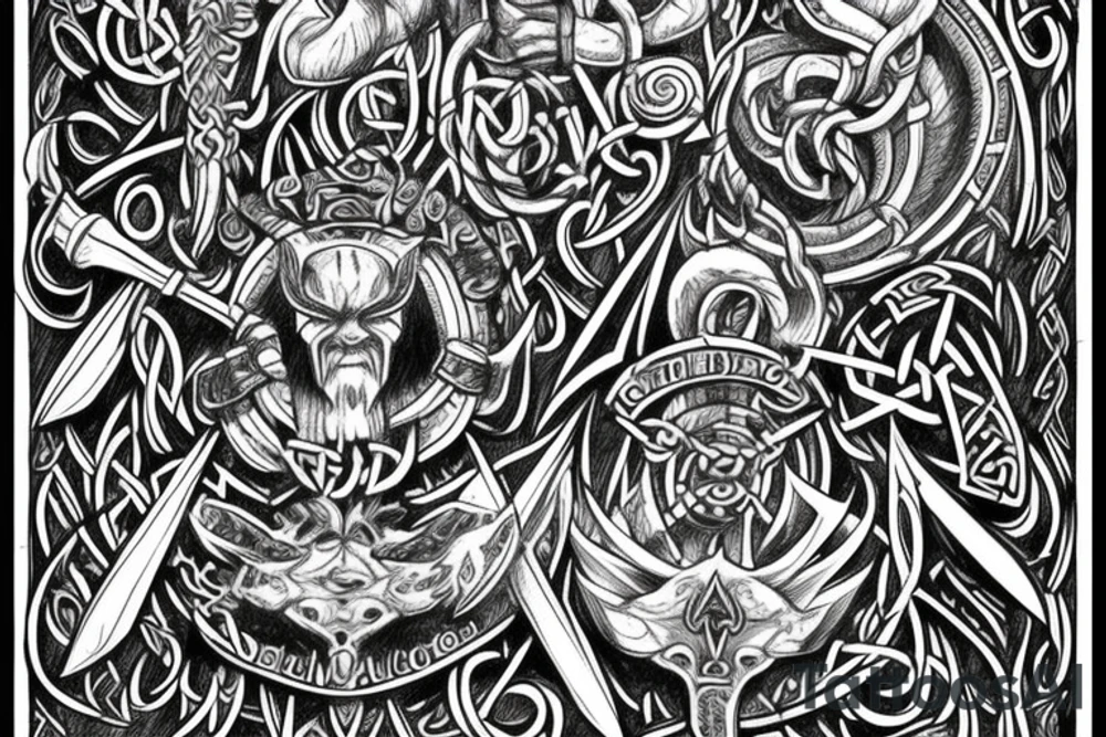 Full body intricate runic detailed complete viking comprehensive elaborate surging smokey tattoo idea