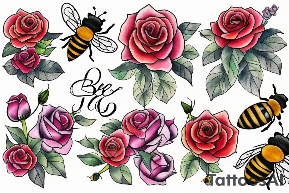 Two bees and roses tattoo idea