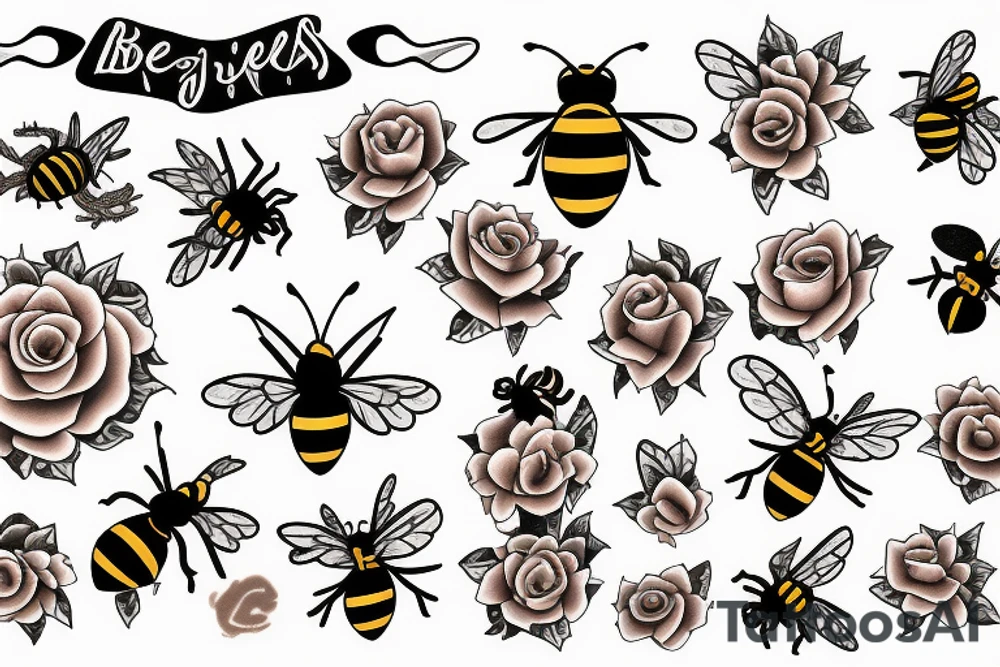 Two bees and roses tattoo idea