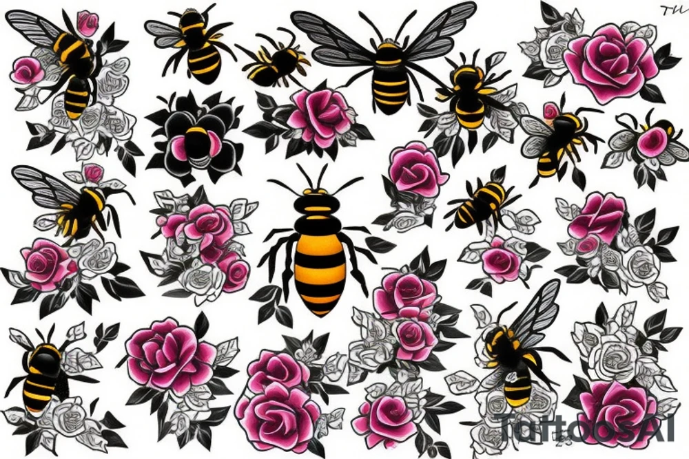Two bees and roses tattoo idea