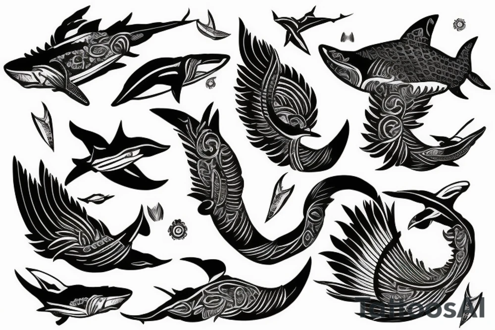 Black cockatoo tail feather with shark mandala tattoo idea