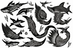 Black cockatoo tail feather with shark mandala tattoo idea