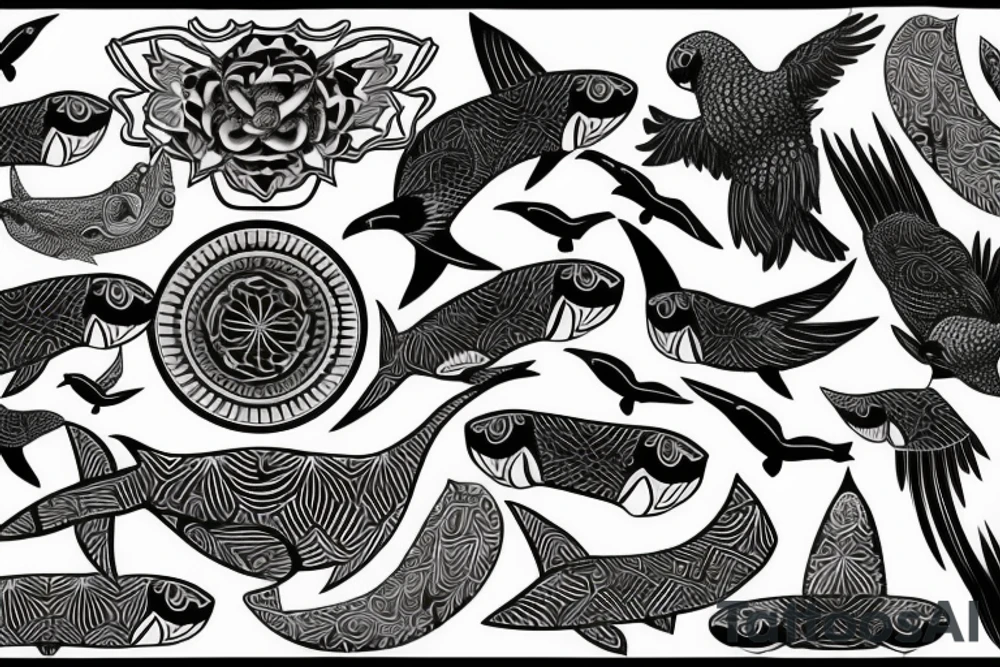 Black cockatoo tail feather with shark mandala tattoo idea