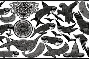 Black cockatoo tail feather with shark mandala tattoo idea