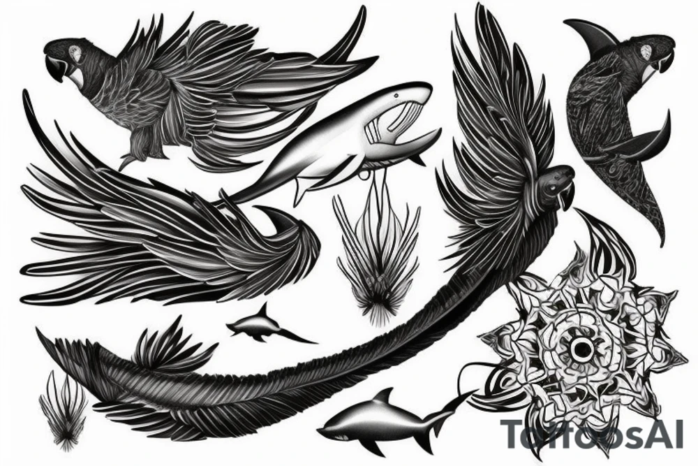 Black cockatoo tail feather with shark mandala tattoo idea
