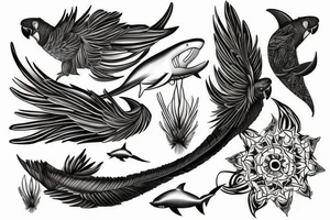 Black cockatoo tail feather with shark mandala tattoo idea