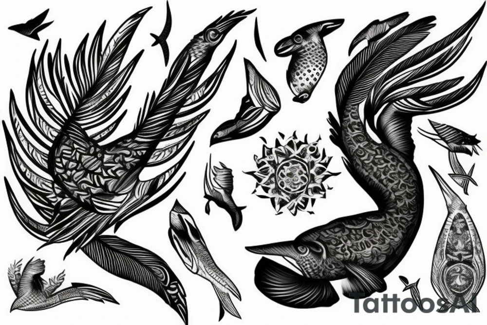 Black cockatoo tail feather with shark mandala tattoo idea