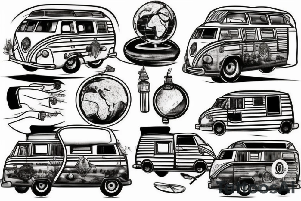A tattoo with a campervan and a globe for three sisters tattoo idea