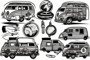 A tattoo with a campervan and a globe for three sisters tattoo idea
