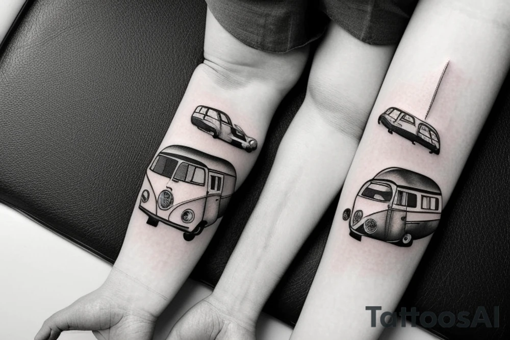 A tattoo with a campervan and a globe for three sisters tattoo idea A tattoo with a campervan and a globe for three sisters tattoo idea
